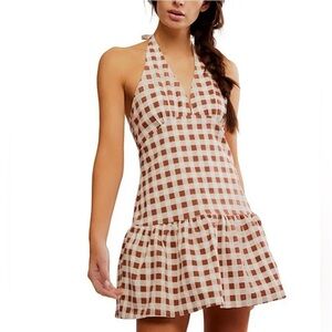 Free People Cecil Checker Print Halter Neck Drop Waist Mini Dress NWT L Brown